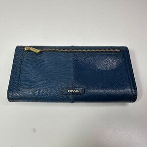 FOSSIL Navy All Genuine Leather Trifold Wallet Billfold Clutch